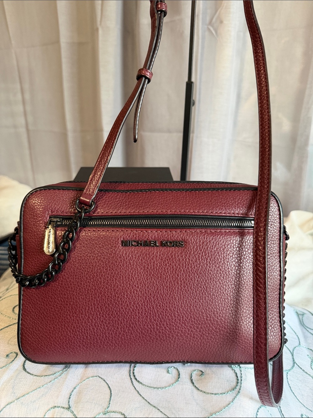 Michael Kors Wine Red Pebbled Leather Crossbody Bag